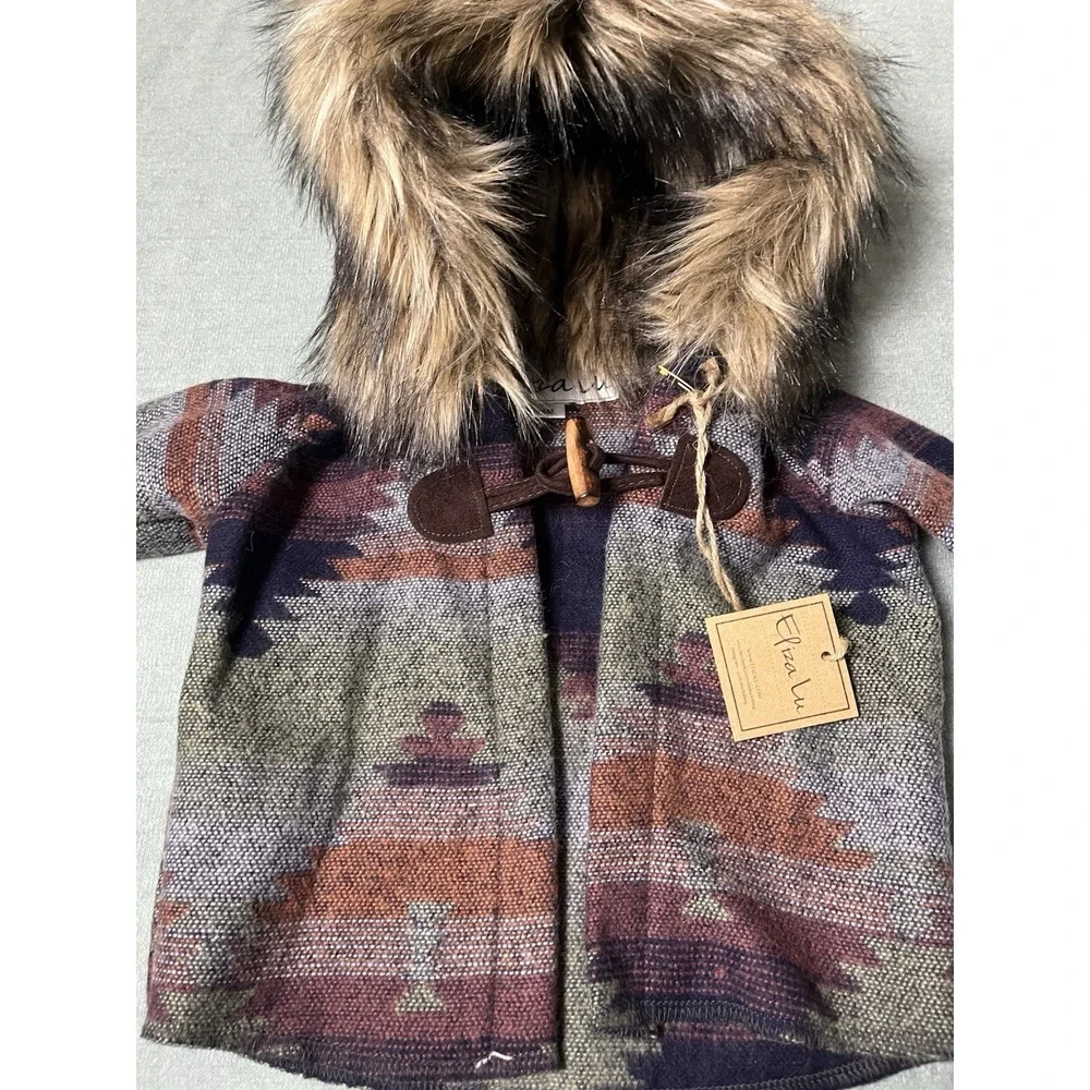 Eliza Lu Tribal Print Wrap Fur Hood Jacket Toddler Size 6 Months NWT